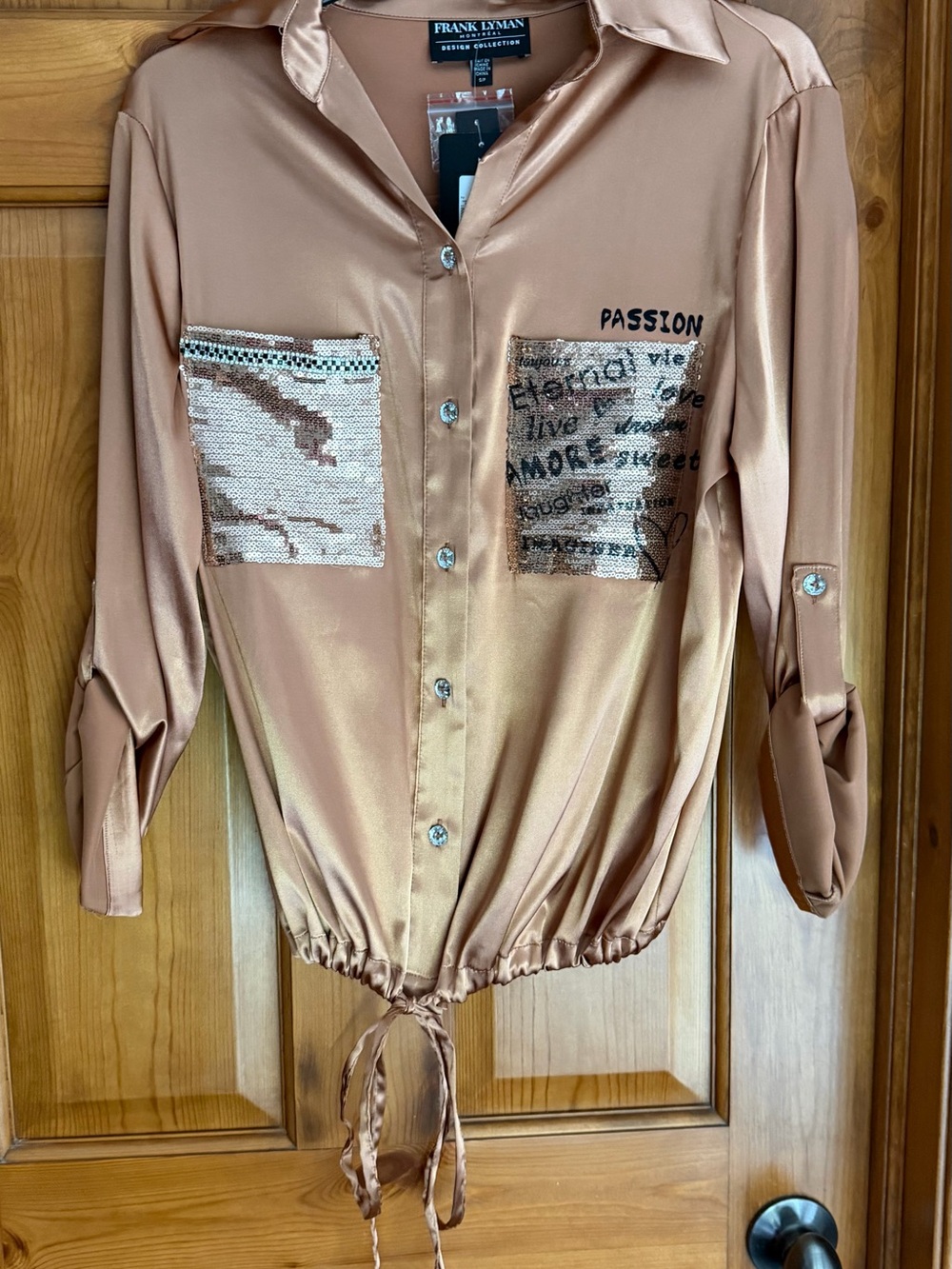Frank Lyman Design Metallic Copper Satin Blouse with Sequin Pockets